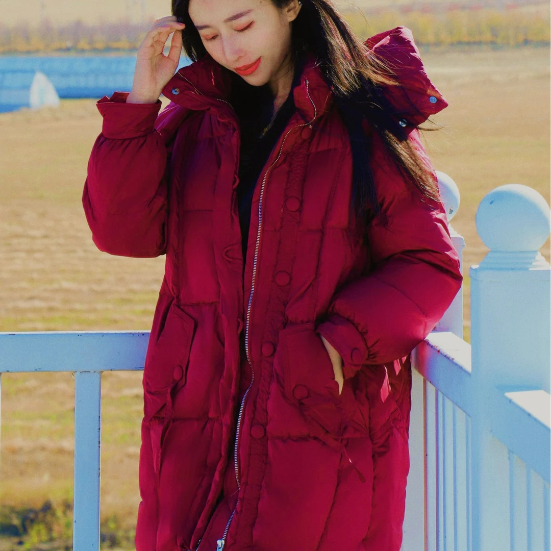 2025中长款连帽羽绒A字版显瘦宽松外套