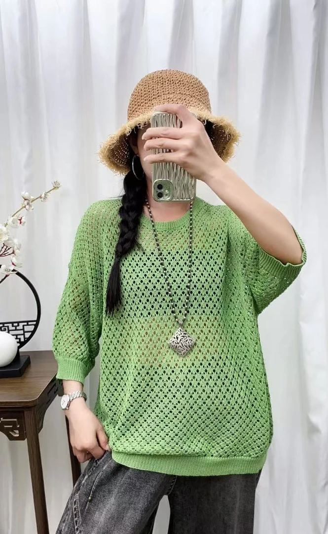 婉晴2025春夏新款欧货镂空针织宽松韩版慵懒风中袖女装大码百搭