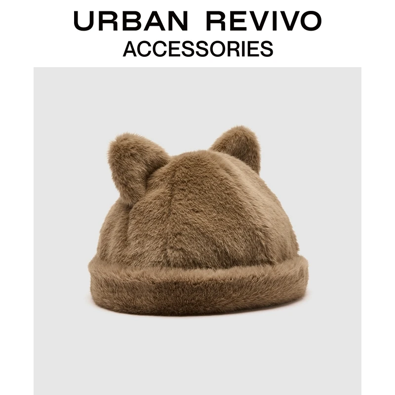 URBAN REVIVO2025冬季新款女士毛绒可爱猫耳瓜皮帽UAYA50398