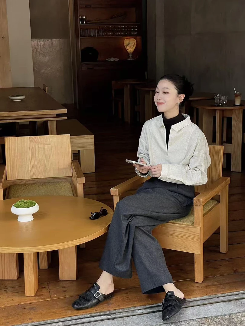 2025秋季新款法式休闲风INS风休闲慵懒风半拉链衬衫灰色西裤套装