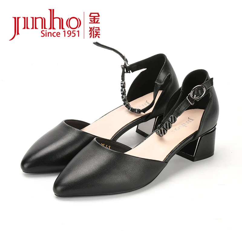 Jinho/金猴[微瑕，介意勿拍】包头舒适粗跟一字带凉鞋尖头790081A