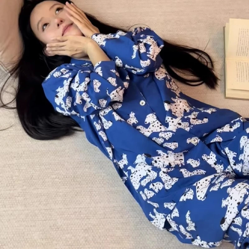 春秋新款情侣睡衣高级感长袖蓝色斑点狗宽松男女家居服可外穿套装