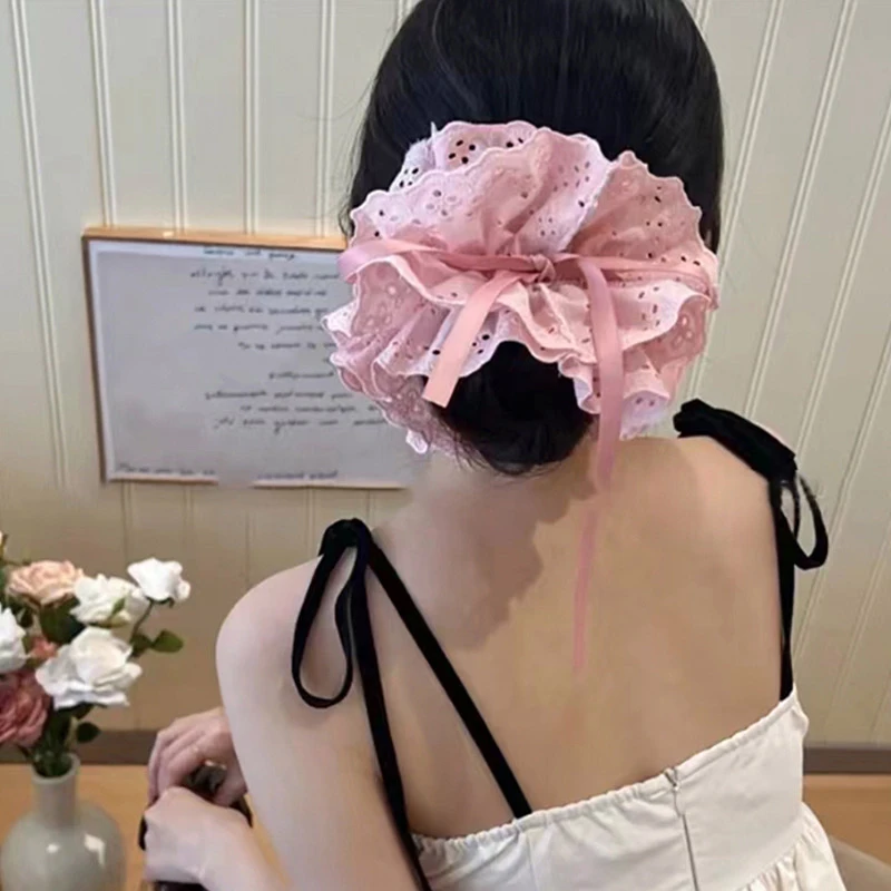 法式温柔抽绳发圈超大头花丸子头马尾扎发绳蕾丝花边大肠头绳皮筋