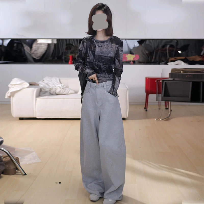 美式复古潮流套装女2025春秋新款扎染网纱针织衫长袖阔腿裤两件套