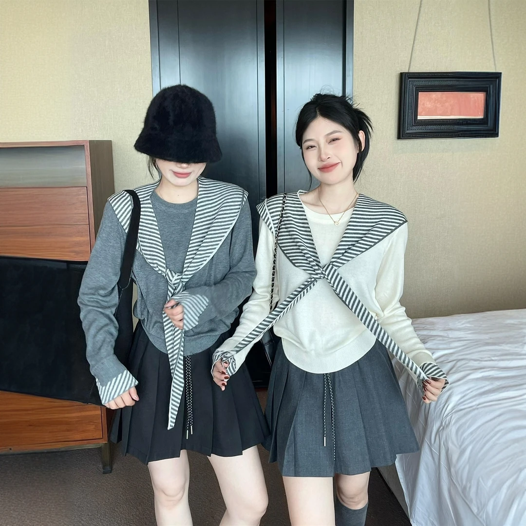 学院风灰色条纹披肩针织衫女2025春秋韩系chic穿搭别致慵懒风上衣