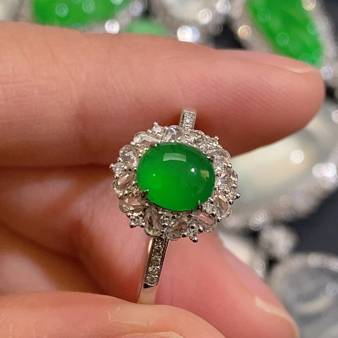 翡翠戒指18K金镶嵌天然缅甸A货翡翠