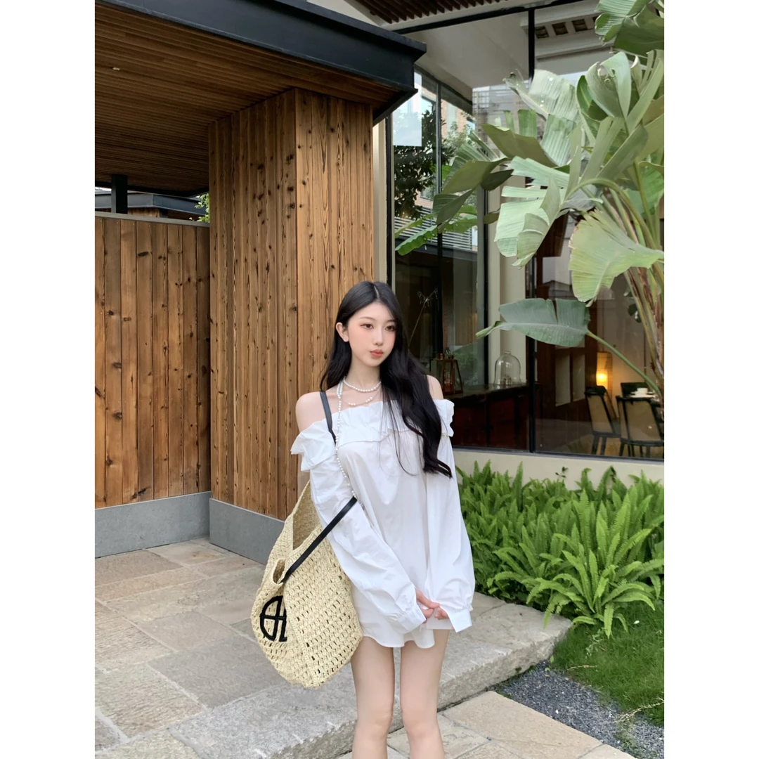 一字肩荷叶边长袖衬衫女春季法式白色宽松衬衣设计感独特气质上衣