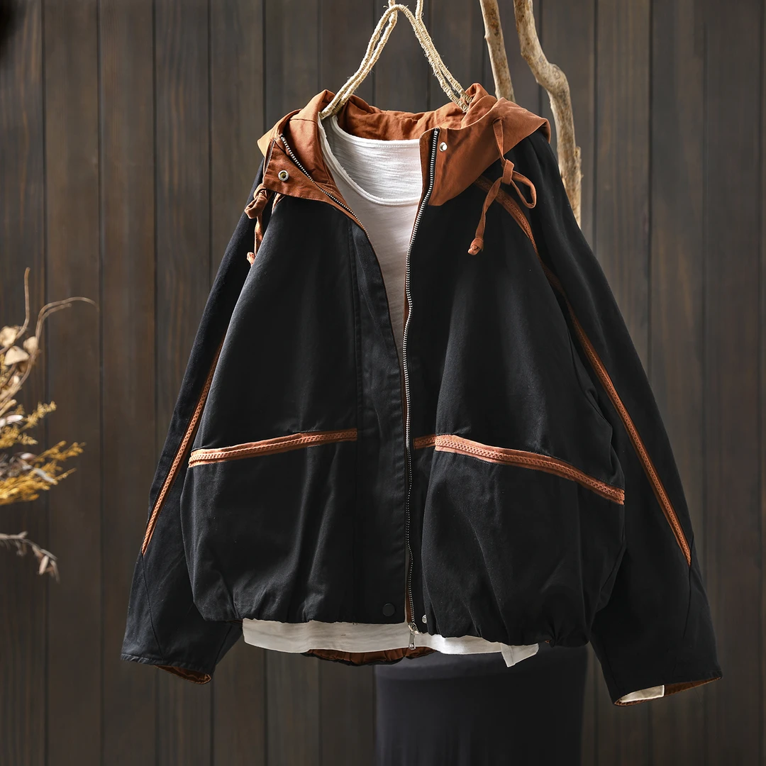 外套女2025新款秋季黑色连帽拼色宽松时尚松紧下摆百搭超好看上衣