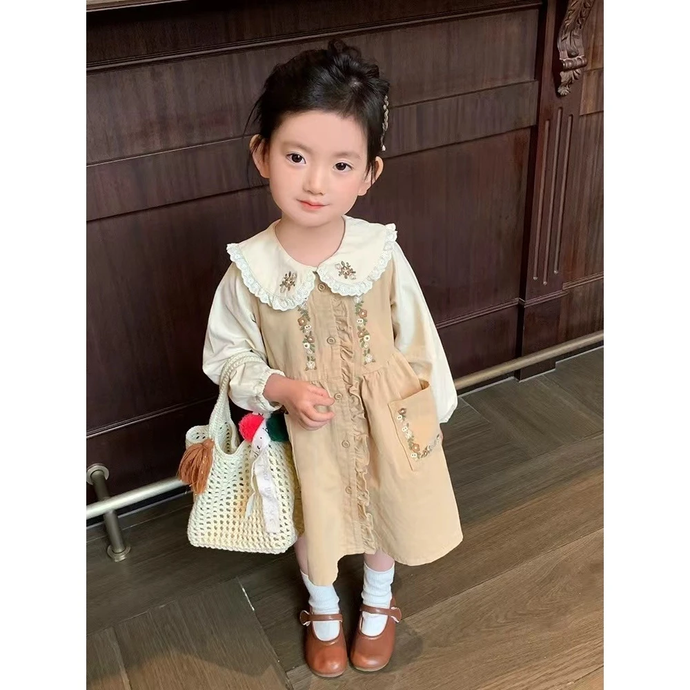 40325女童刺绣翻领衬衫24新款时髦A字连衣裙木耳边刺绣背心裙