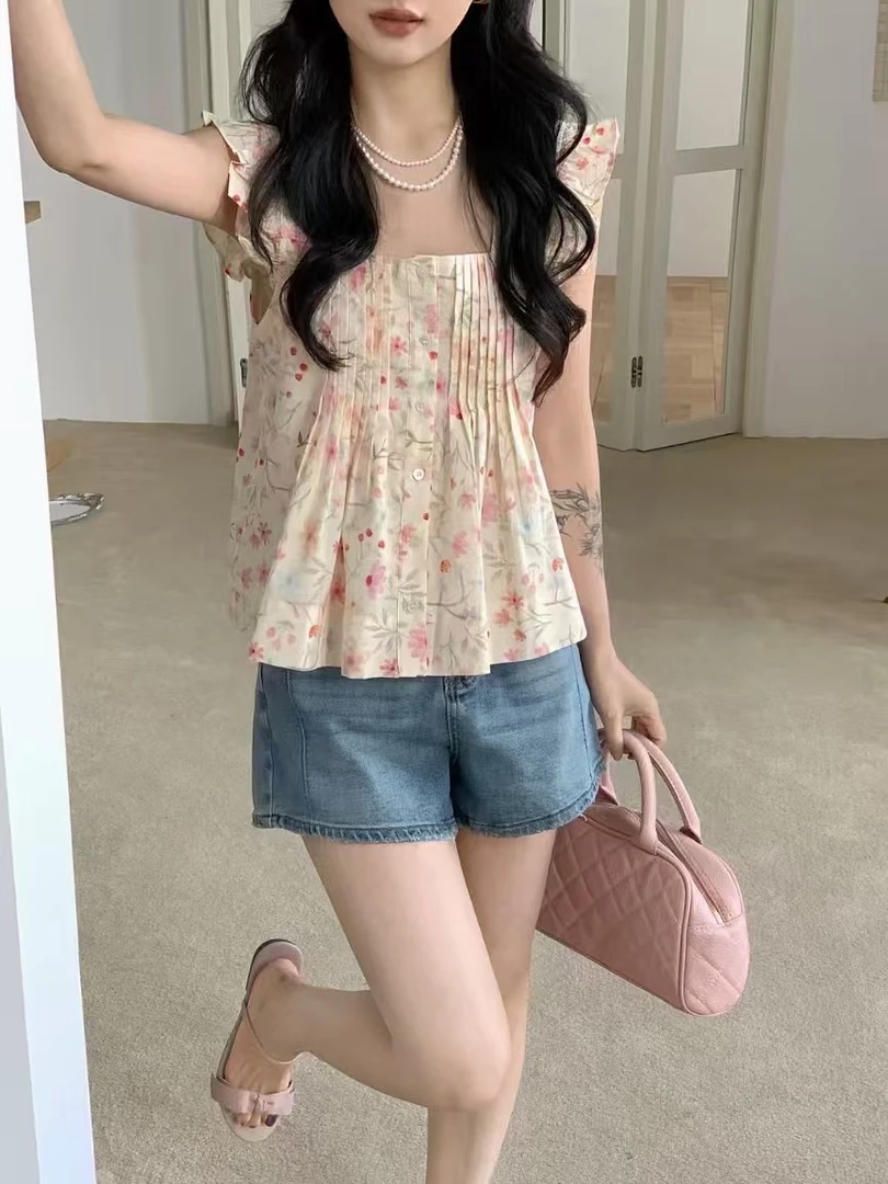 夏季新款韩式方领碎花甜美荷叶边百搭显瘦小飞袖外穿宽松