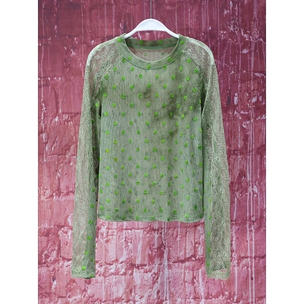 【韩哥女装】夏季奶绿色波点满印拼接勾花蕾丝修身爽肤衣9327