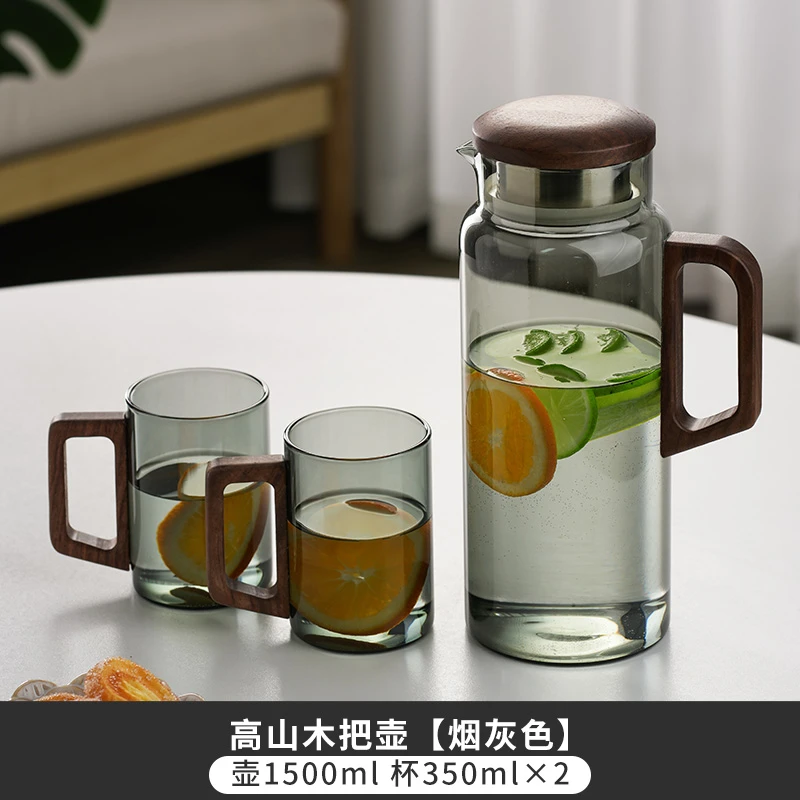 玻璃家用凉水壶冷水壶木把办公室泡茶壶套装水杯果汁轻奢玻璃壶