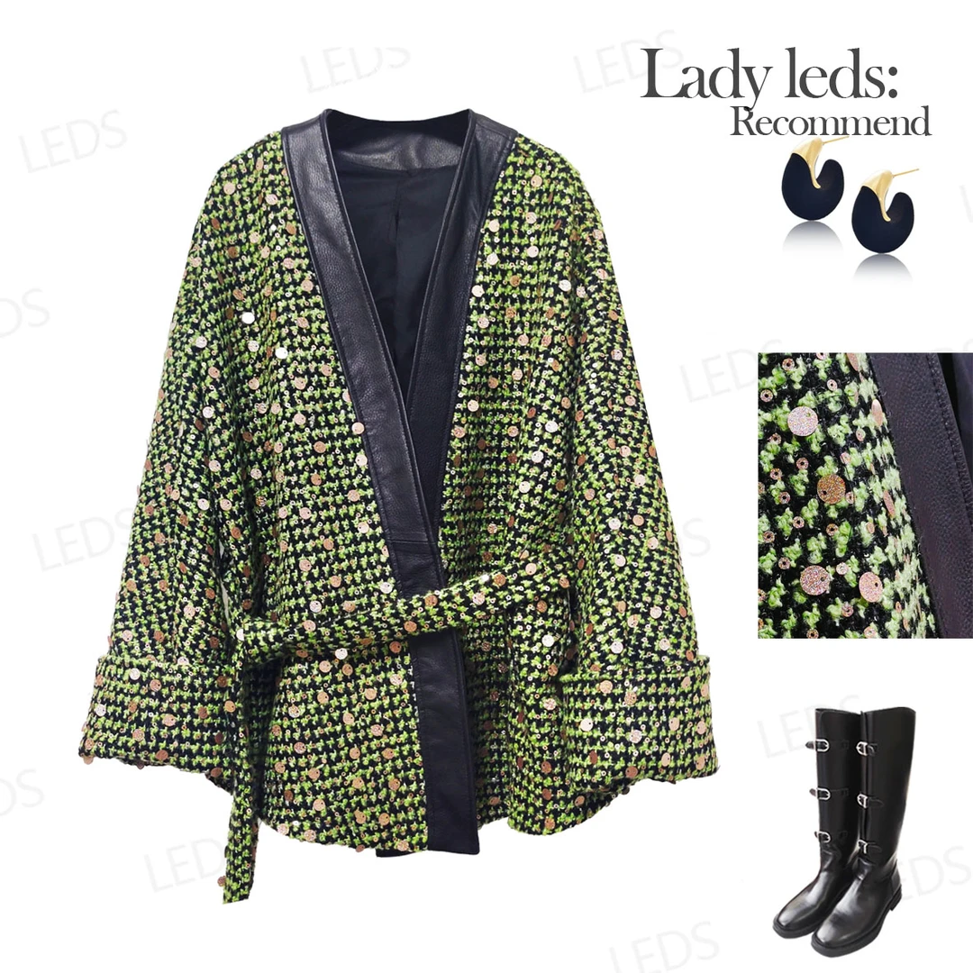 LEDS 2530早春新款气质香风绿粗纺无扣系带外套