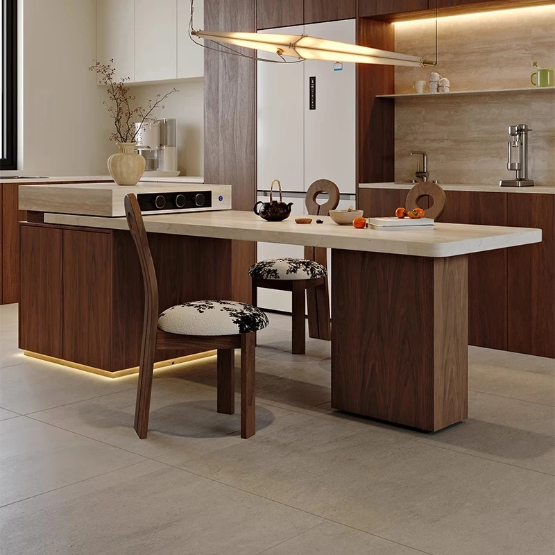 岛台餐桌一体可伸缩黑胡桃木纹岩板意式家用岛台餐桌一体式可伸缩