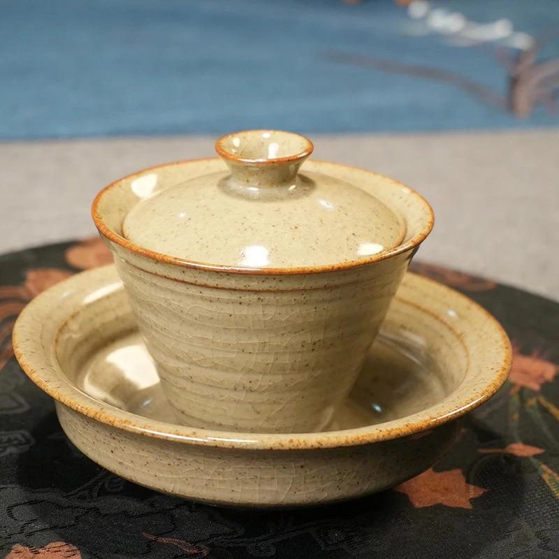 陶瓷茶具粗陶老岩泥柴窑复古草木灰斗笠三才盖碗手工仿古柴烧盖碗