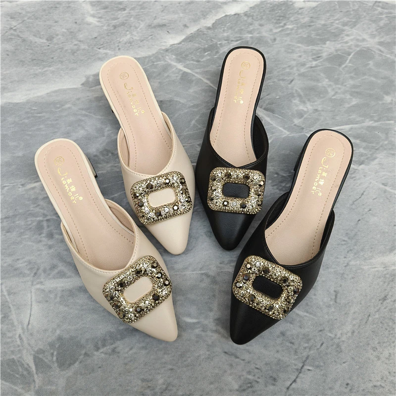 法式粗跟半拖鞋女外出2025年秋季新款尖头包头半拖外穿穆勒凉拖鞋