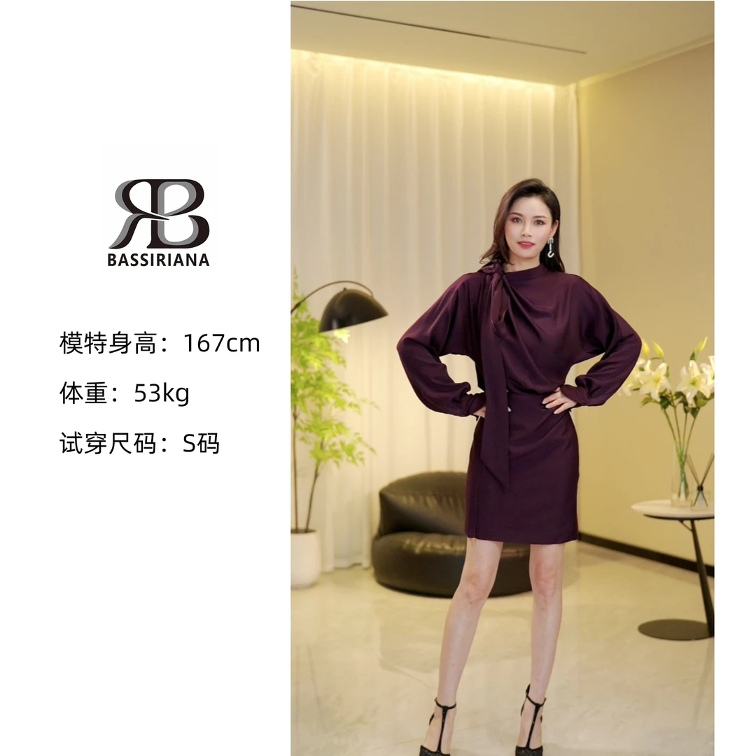 设计师款气质款紫色蝴蝶结收腰显瘦连衣裙A374