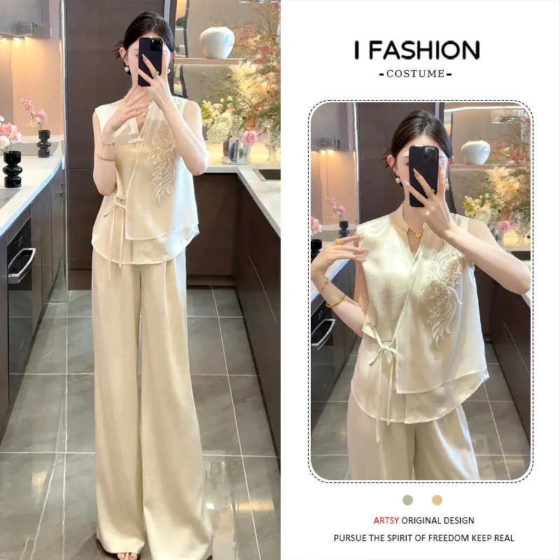 新中式时尚刺绣套装女2025年夏季新款高级感提花上衣直筒裤两件套