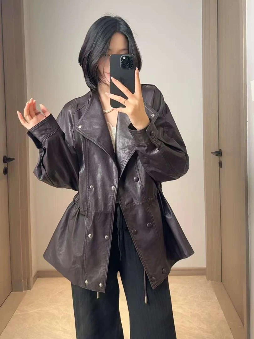 【魅力女王】新款油蜡全植绵羊皮时尚收腰设计夹克外套中长款复古