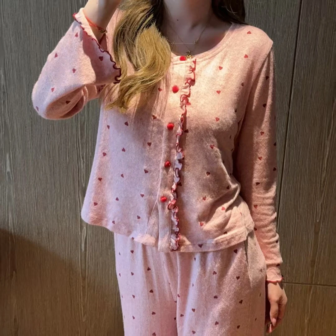 网红磨毛睡衣女春秋款长袖长裤甜美纯欲风爱心印花气质家居服套装