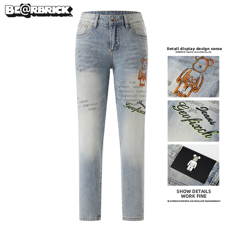 Be@rbrick积木熊【明星同款】印花牛仔裤男士夏季薄款浅色烫钻修身