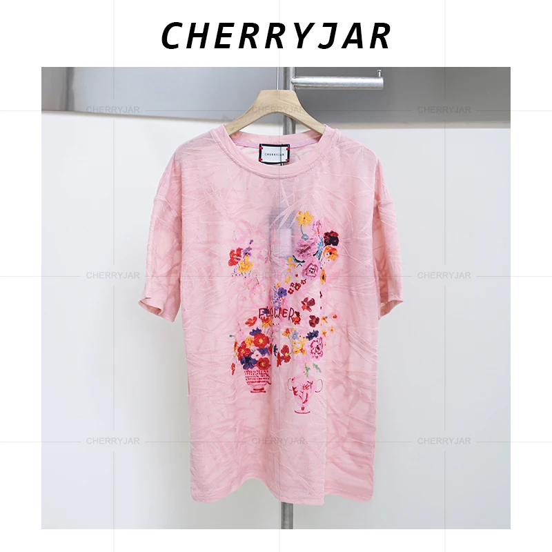 Cherryjar【25807】褶皱短袖提花T 恤多彩花卉卡通印花休闲时尚风