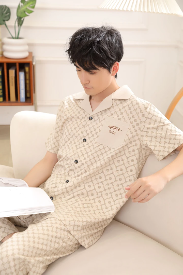 丽人湾夏天格子短袖家居服套装长裤夏季薄款舒适透气带领睡衣