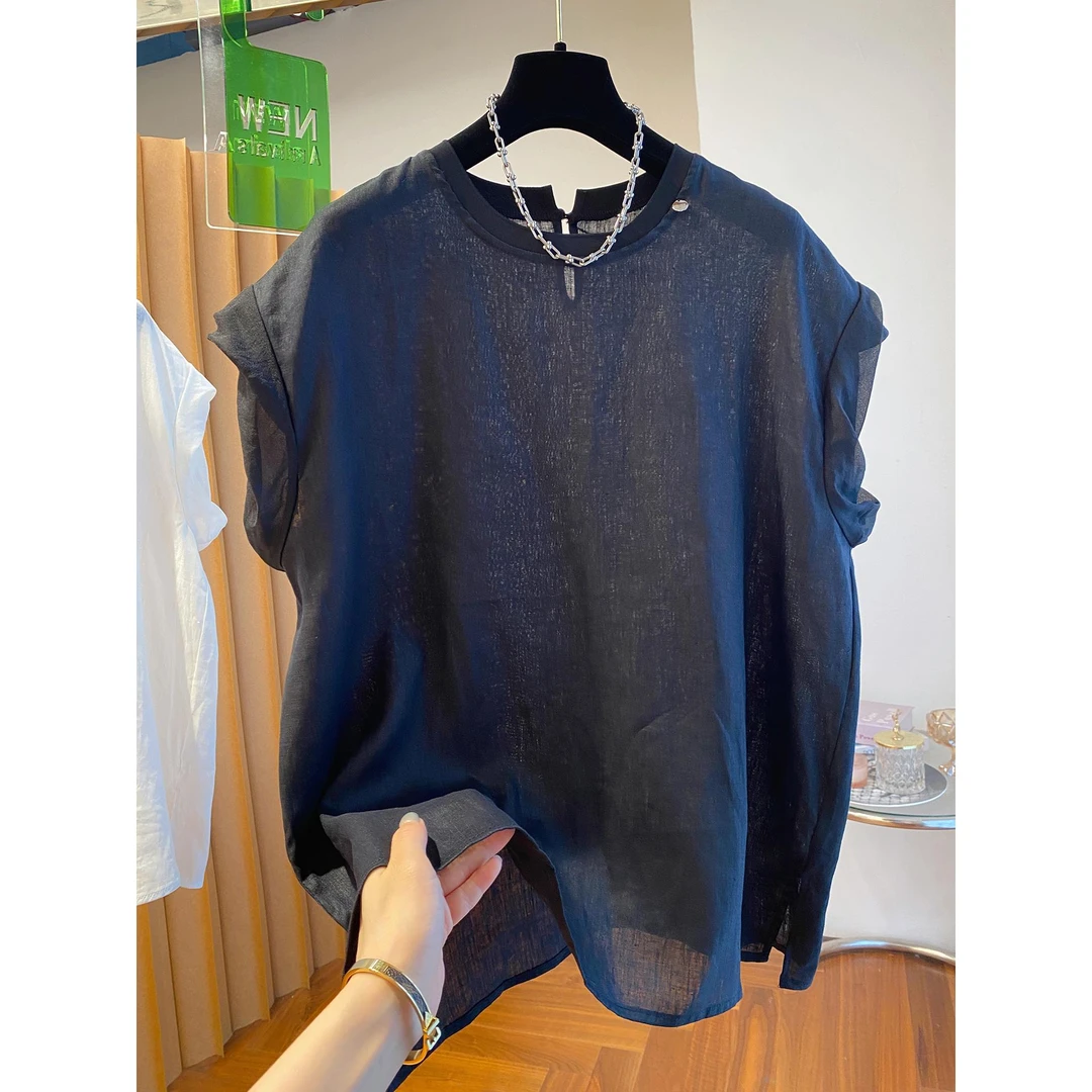 高端黑色纯亚麻上衣男夏装超大码300斤宽松薄款亲肤透气圆领衬衫