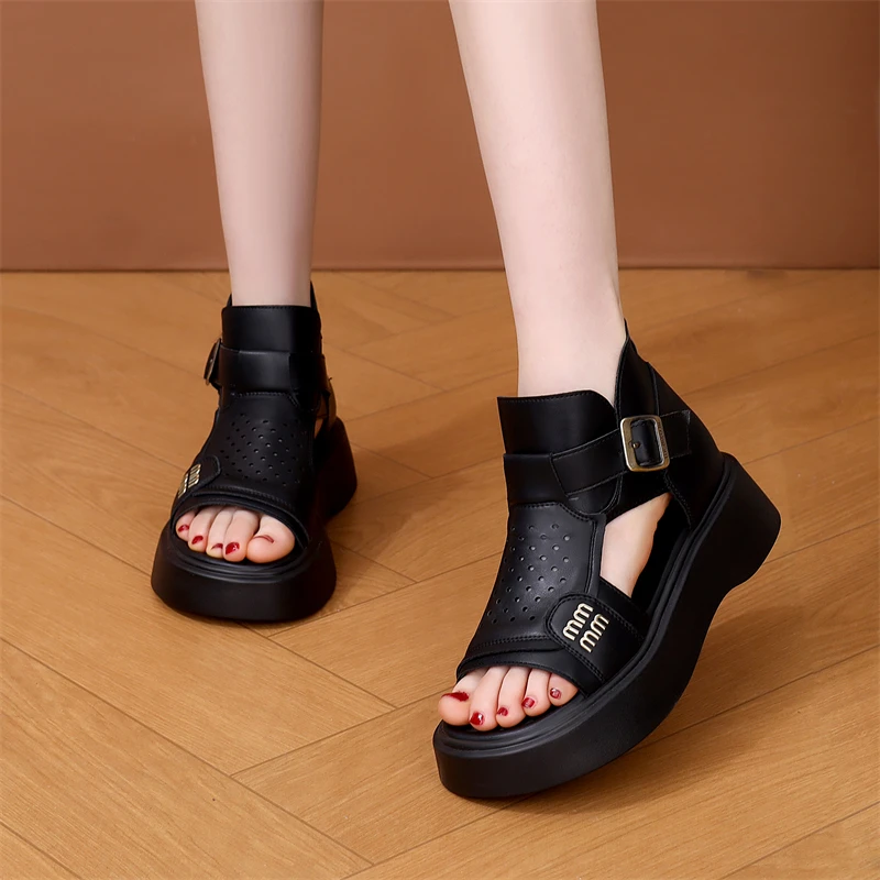 2025夏季新款高帮厚底凉鞋女时尚百搭外穿轻便软底透气鱼嘴凉靴子