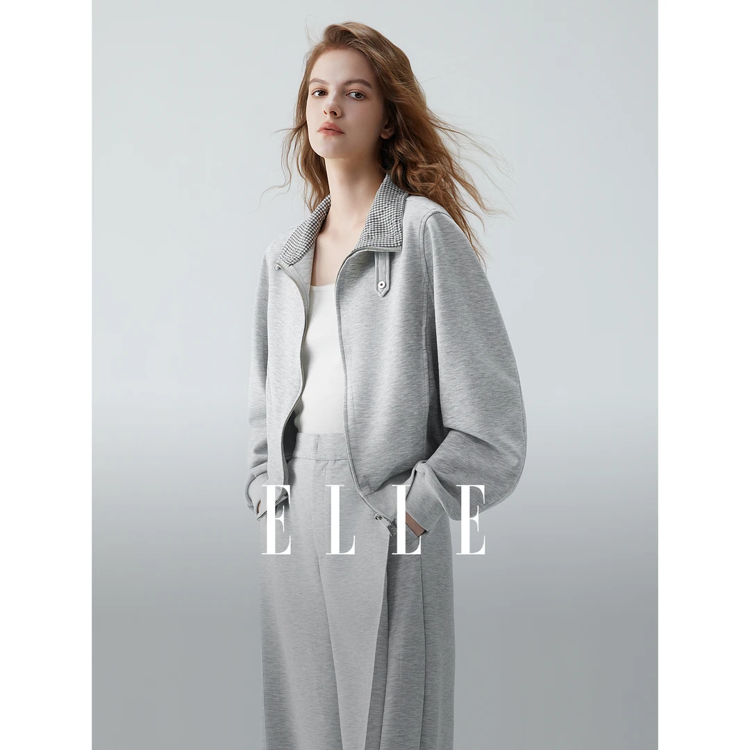 ELLE法式格纹翻领短外套女2025秋季新款高级感气质EF51566