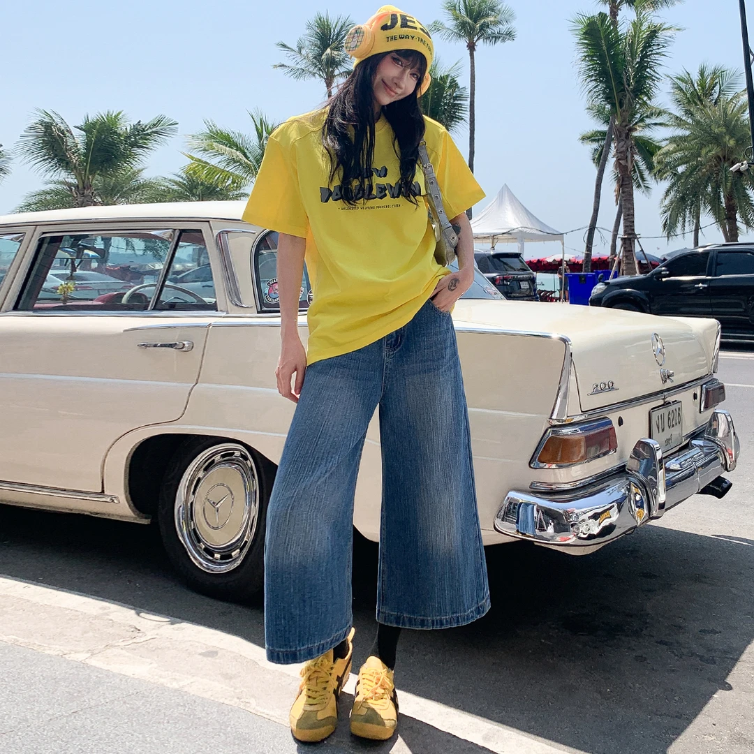 高腰阔腿八分牛仔裤女2025夏季薄款浅色复古美式直筒宽松新款中裤
