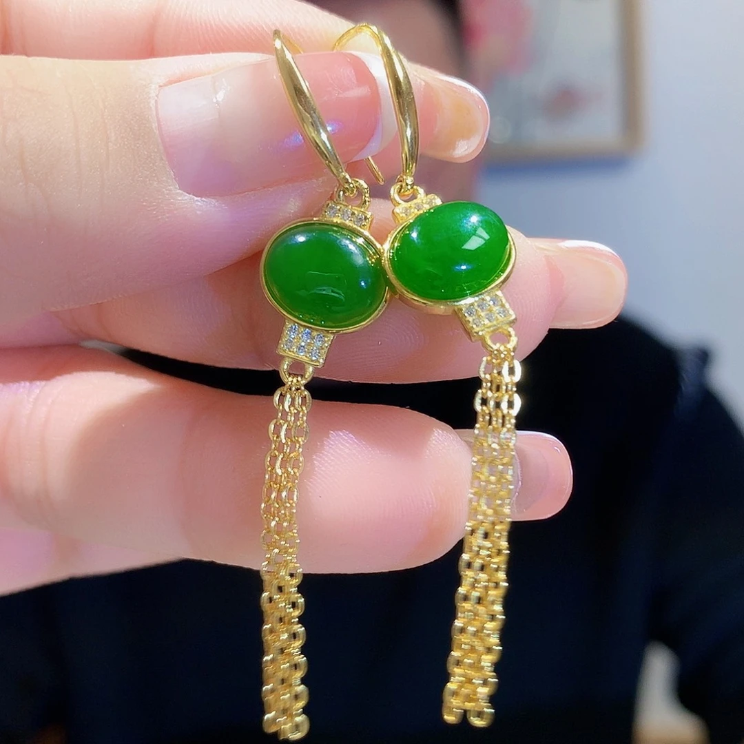 和田玉（碧玉）耳饰银S925镀金镶嵌