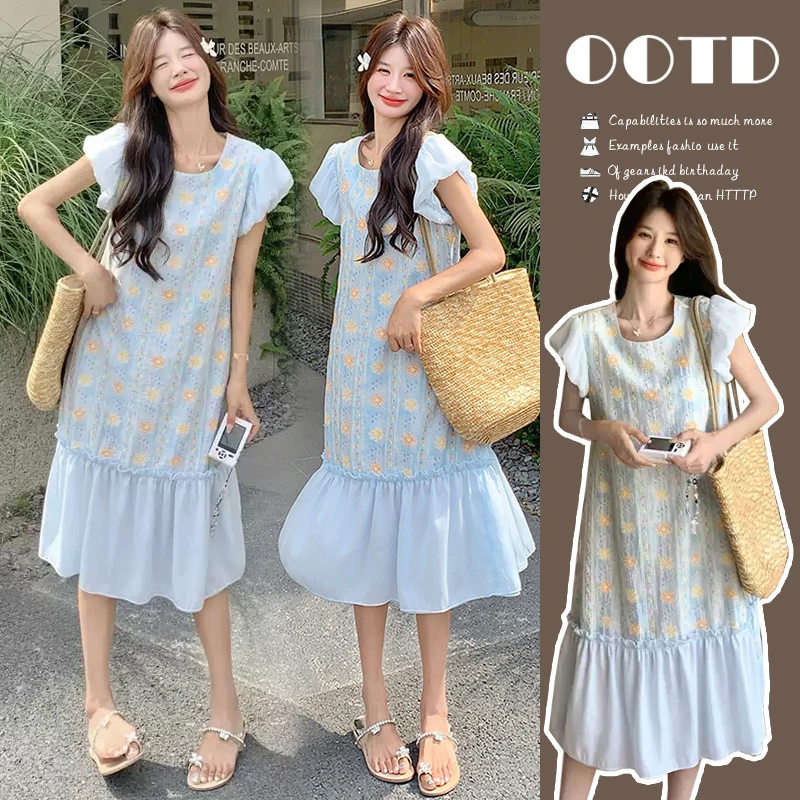 孕妇裙2025夏装韩版新款洋气宽松气质茶歇刺绣碎花蓝色孕妇连衣裙