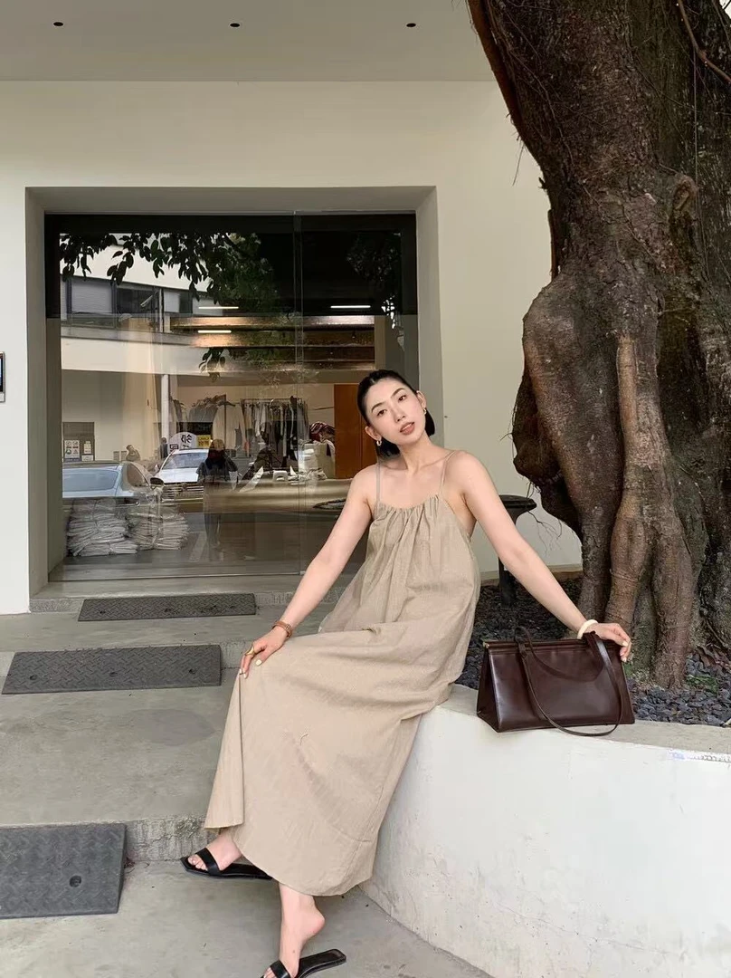 【ÉTRENER】度假风细肩带条纹亚麻连衣裙7447