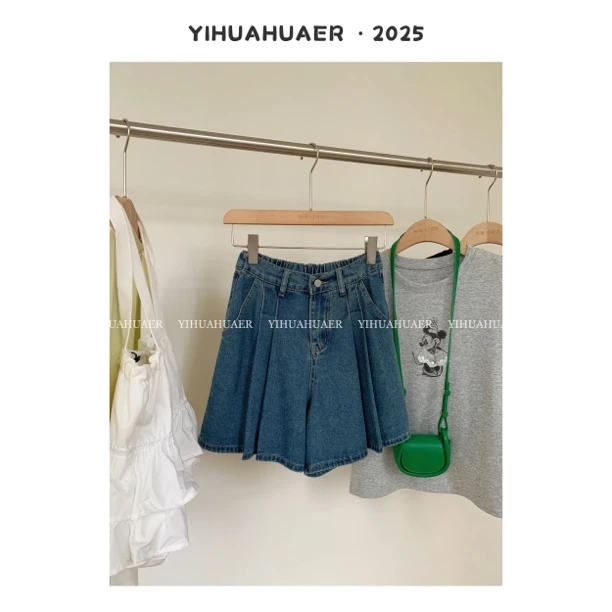 【百褶短裤】东大门夏季韩版百搭显瘦复古纯色A字休闲牛仔短裤9026