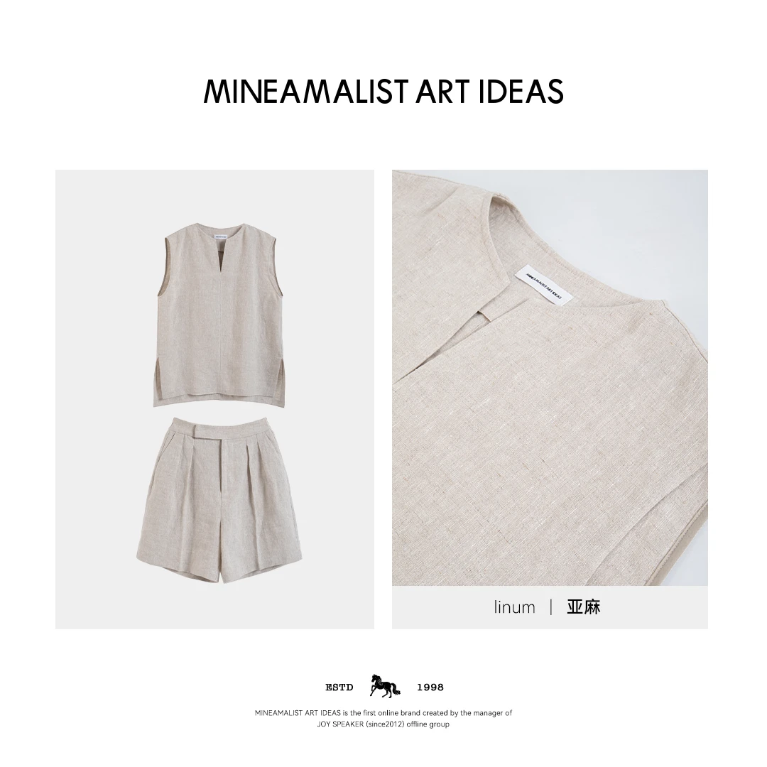 MINEAMALIST ART IDEAS夏季JIL.S小开领无袖原麻色上衣短裤3876M