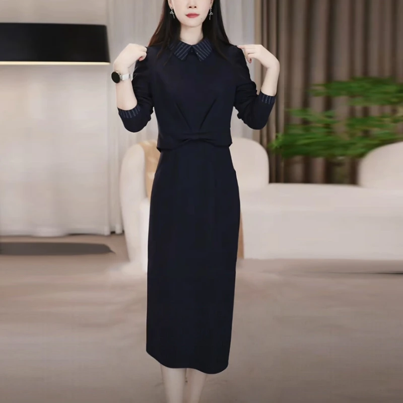 梭织精纺纯欲慵懒风女装2025秋季新款高级感中长款假两件连衣裙子
