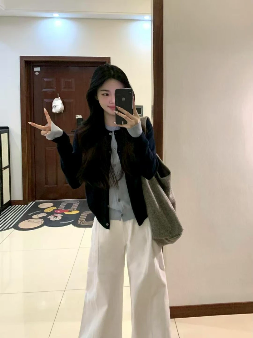 【调色师】秋季拼接韩系假两件上衣白色休闲裤韩系氛围感套装