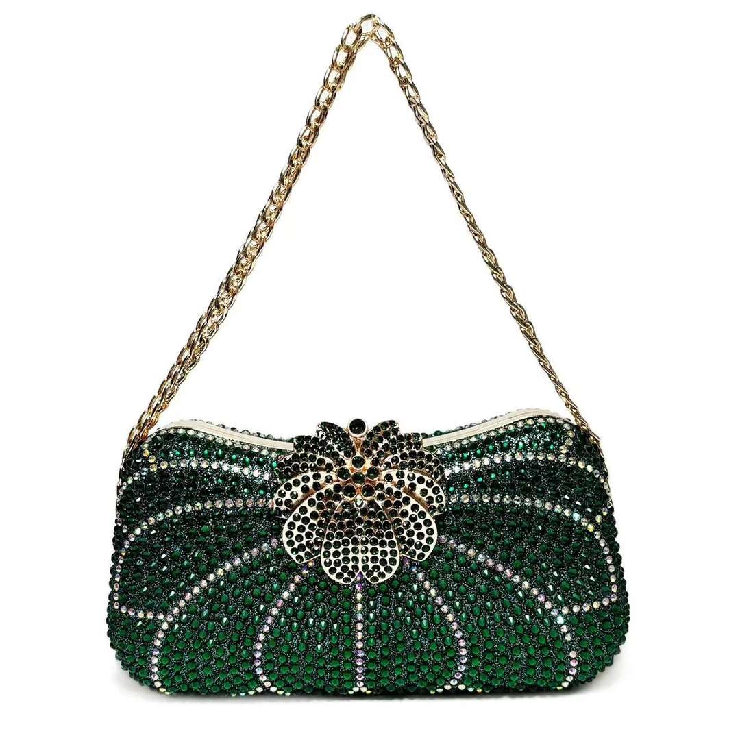 2025新款金色链条镶钻晚宴包花形锁扣满钻造型宴会晚宴派对婚礼