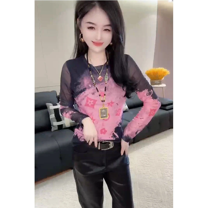 2025春季新款时尚扎染印花长袖T恤女修身内搭打底衫显瘦洋气上衣