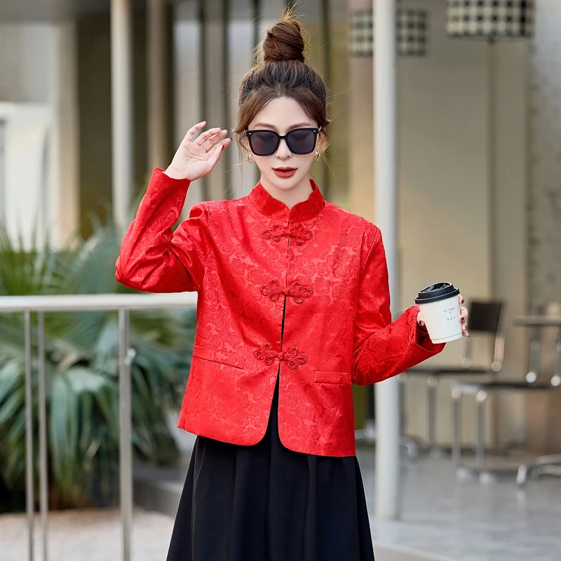 新中式国风复古盘扣立领高级感提花红色短款外套上衣女春季新款