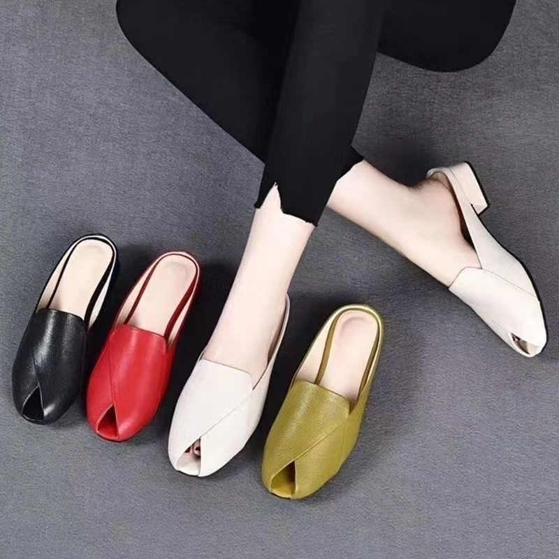 2025新款爆款夏季粗跟鱼嘴洋气包半凉拖鞋女外穿时尚软皮百搭包头