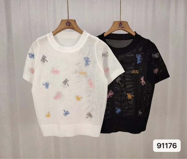 毛针织衫宽松毛衣设计师刺绣短袖女装圆领镂空春夏