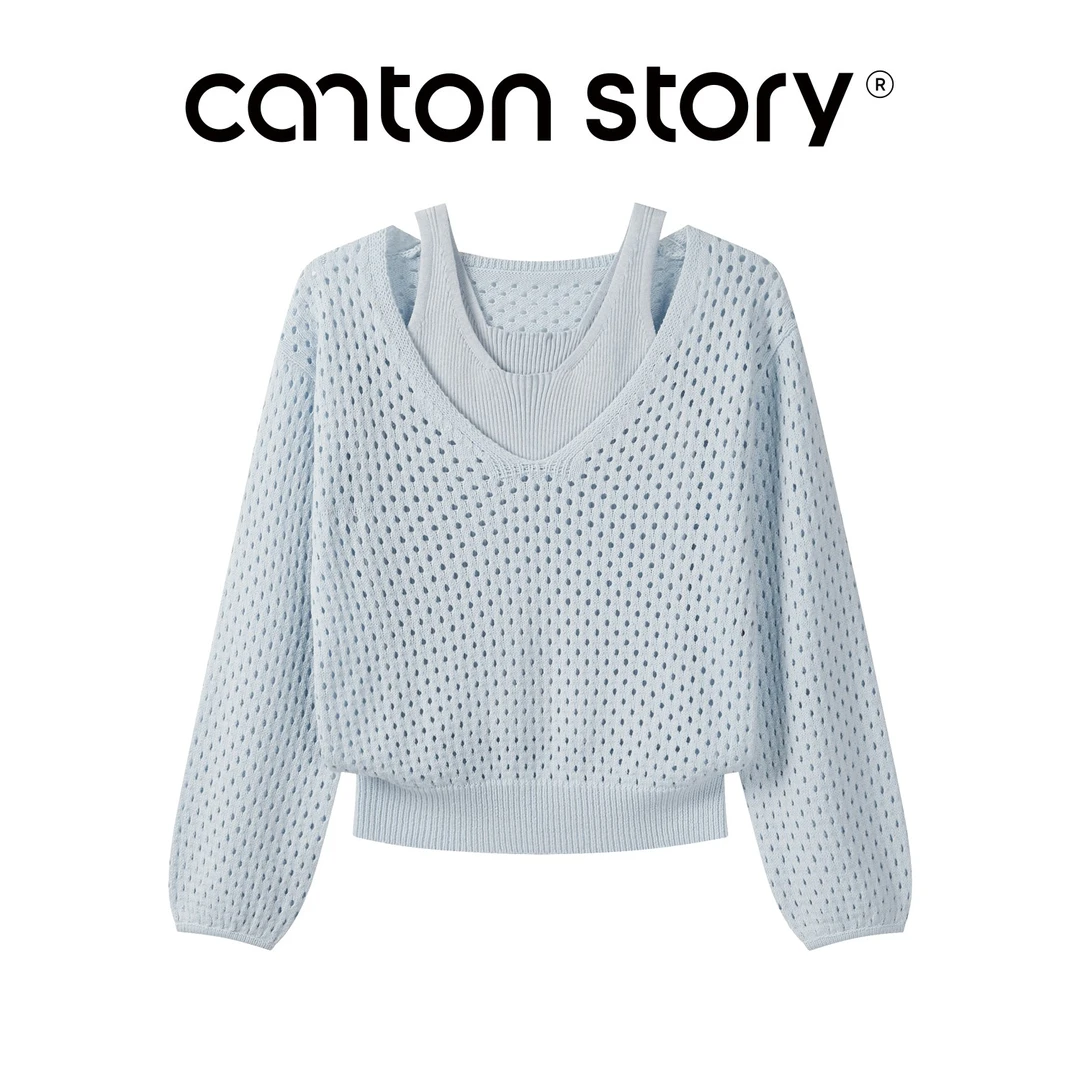 羊城故事-浅蓝色镂空v领罩衫新款慵懒宽松长袖针织衫Y50853042