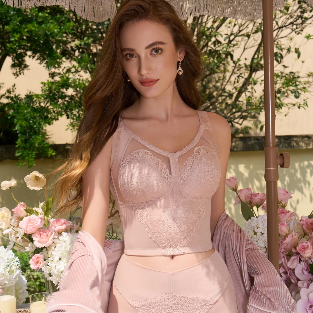 无钢圈裸感大胸显小收副乳胃腩10排扣美背薄款法式蕾丝内衣