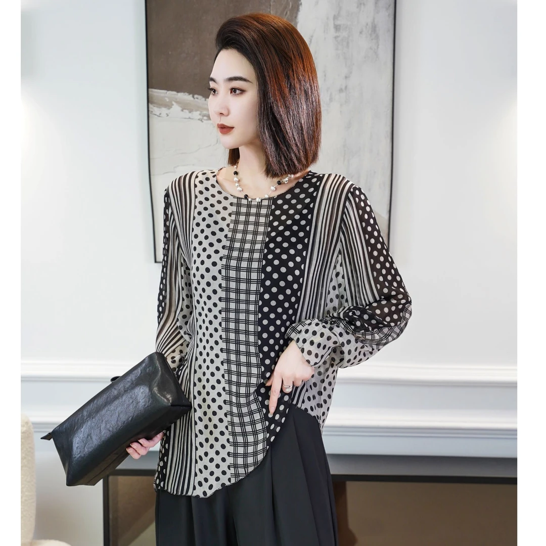 MORELAN2025时髦气质黑白波点竖条纹印花薄纱长袖上衣510103