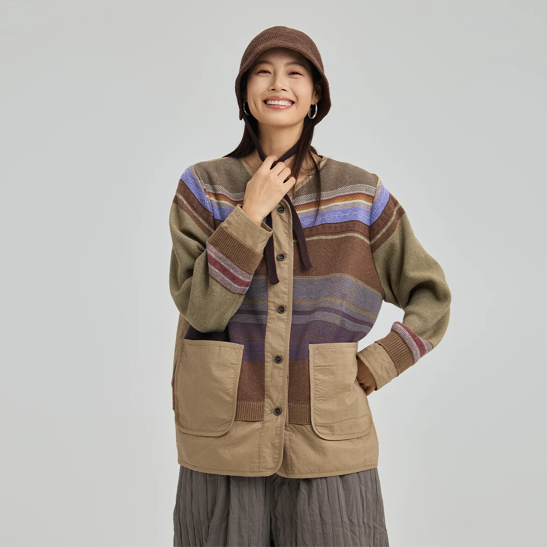 无色无味【暗调绮梦】25年冬季新品撞色条纹短款棉服棉袄外套女装