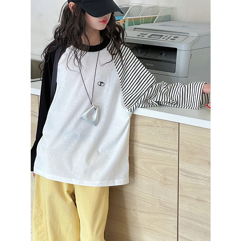 k28523拼接女童长袖T恤儿童春秋上衣2025春装新款女大童衣服时髦t