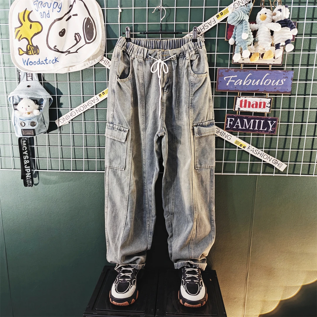 美式复古黄泥染抽绳工装牛仔裤男女潮牌松紧腰宽松休闲直筒裤子潮