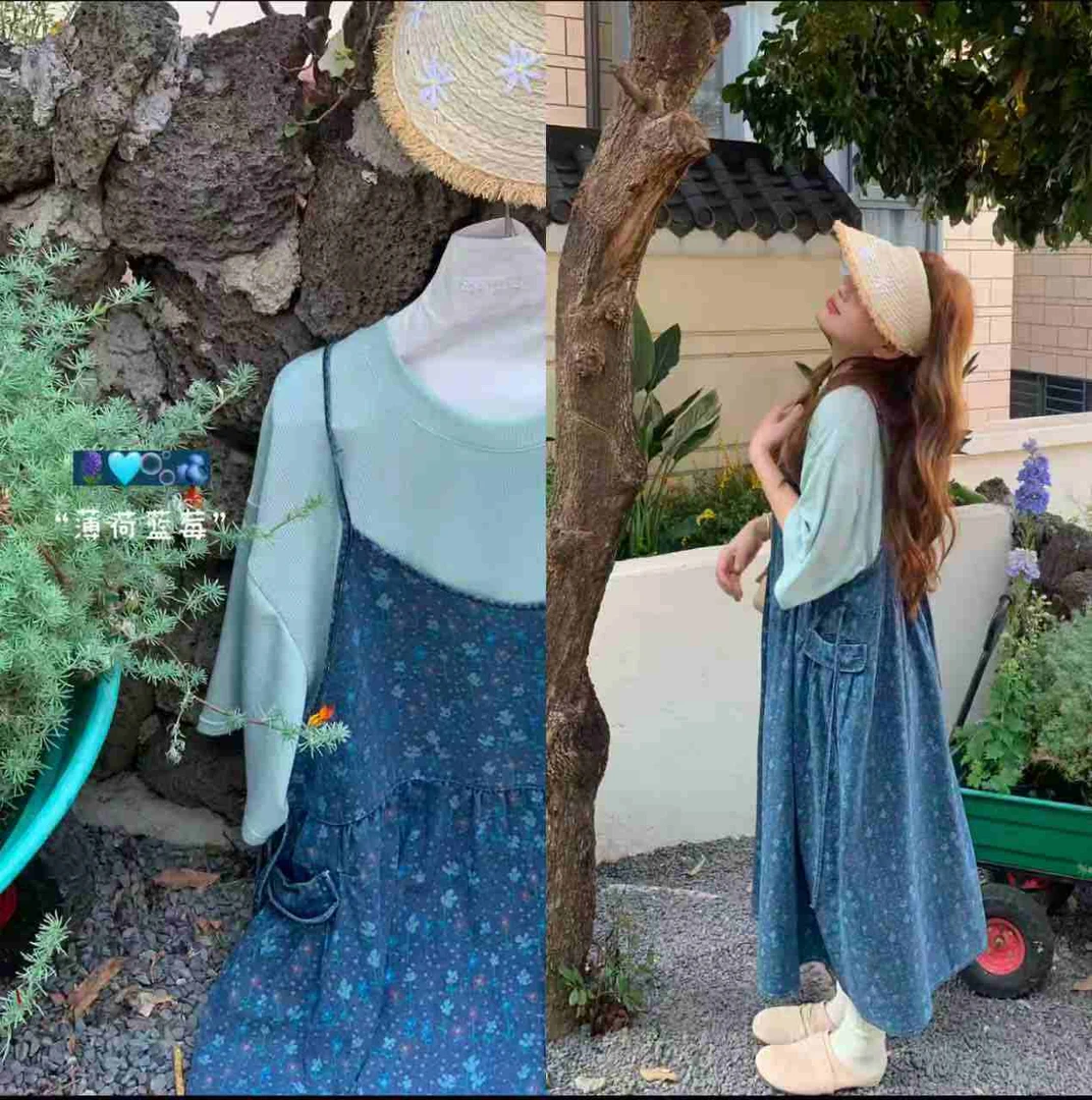 薄荷蓝莓新款纯色显瘦上衣搭配蓝色娃娃款连衣裙套装
